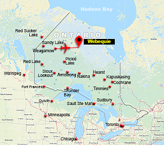 Map showing charter flight route from Nakina to Attawapiskat, Ontario